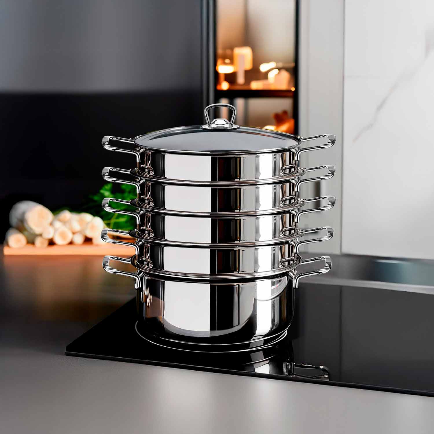 BEM stainless steel 18/10 steamer with lid, suitable for induction 6 pcs. 30 cm