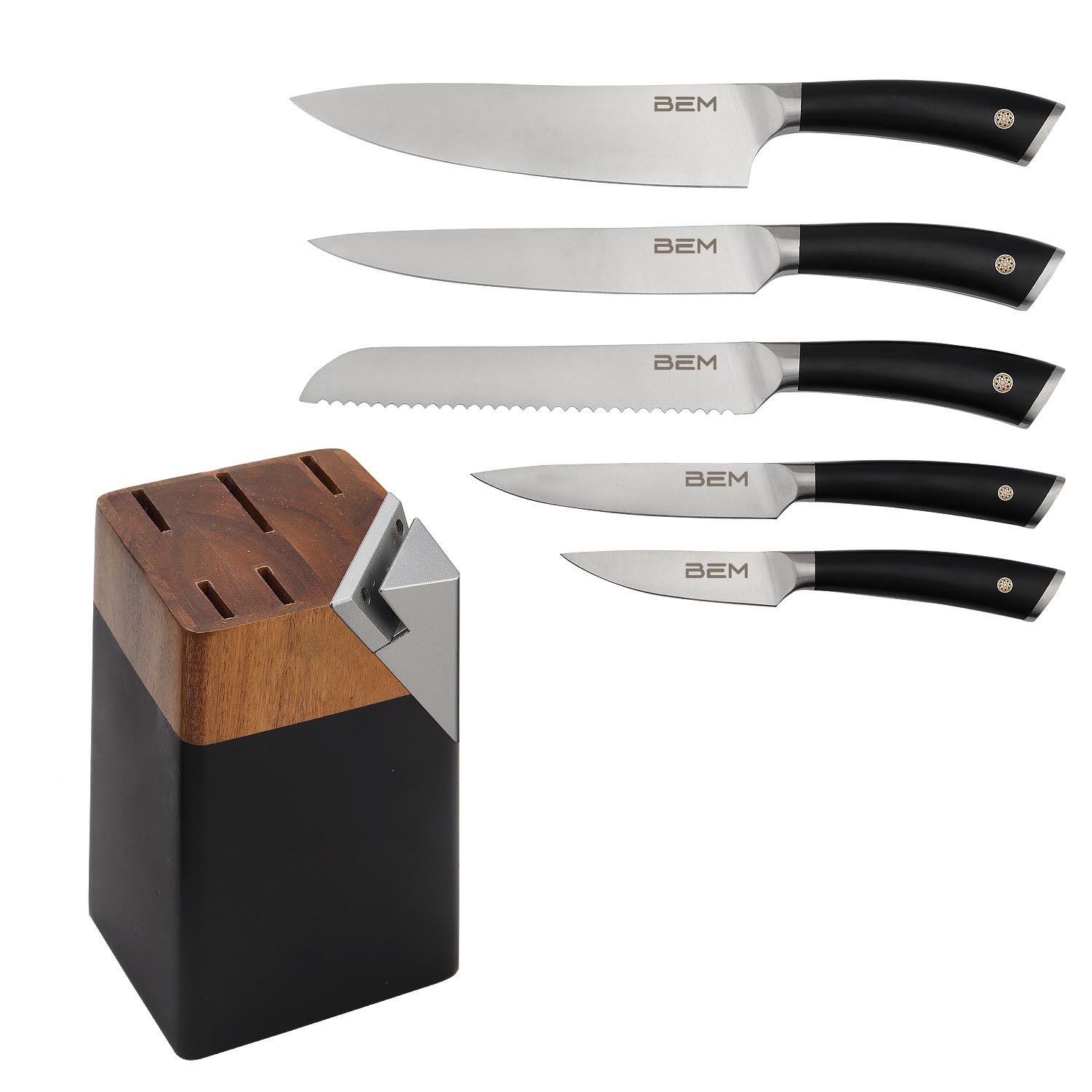 BEM Master Chef 6-piece knife set made of high-quality stainless steel with knife block incl. sharpener