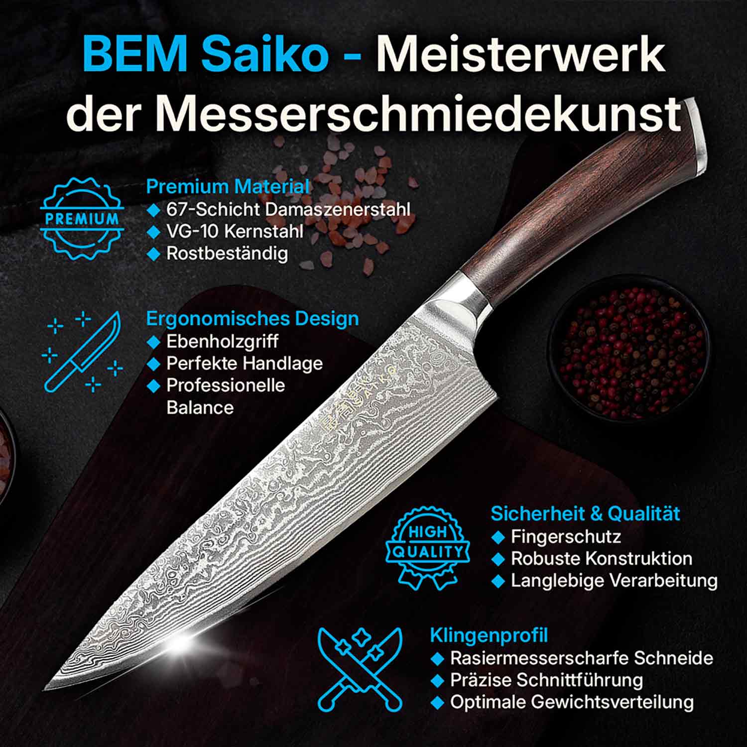 BEM Saiko Damascus knife set 6-pcs. made of VG-10 steel with knife block