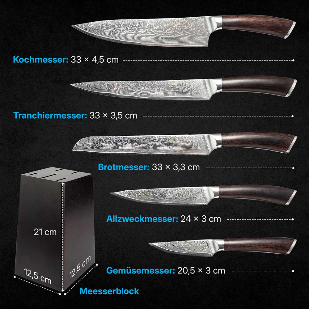 BEM Saiko Damascus knife set 6-pcs. made of VG-10 steel with knife block