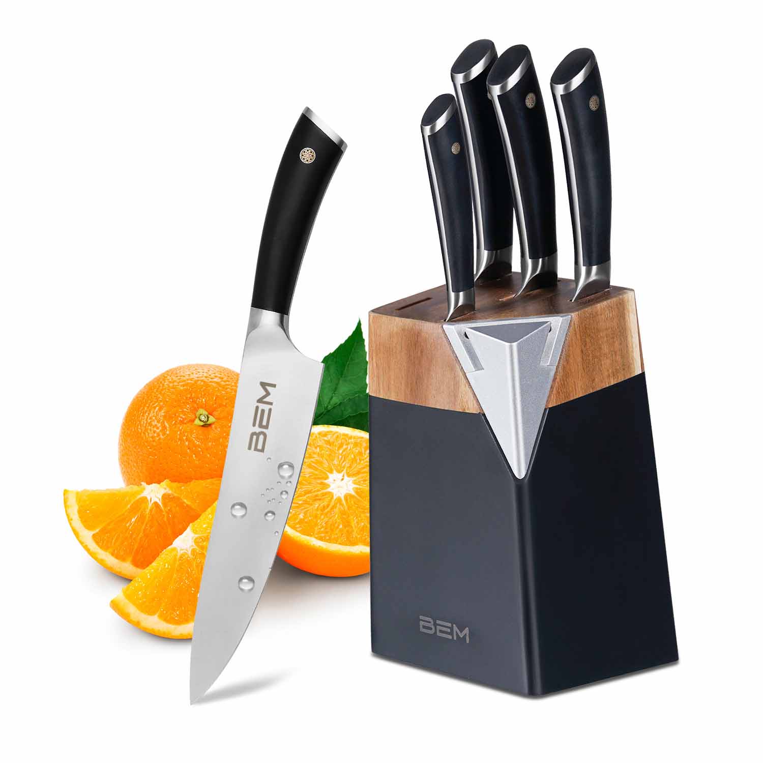 BEM Master Chef - Messer-Set 6-tlg. aus Edelstahl mit Messerblock und integriertem Schärfer