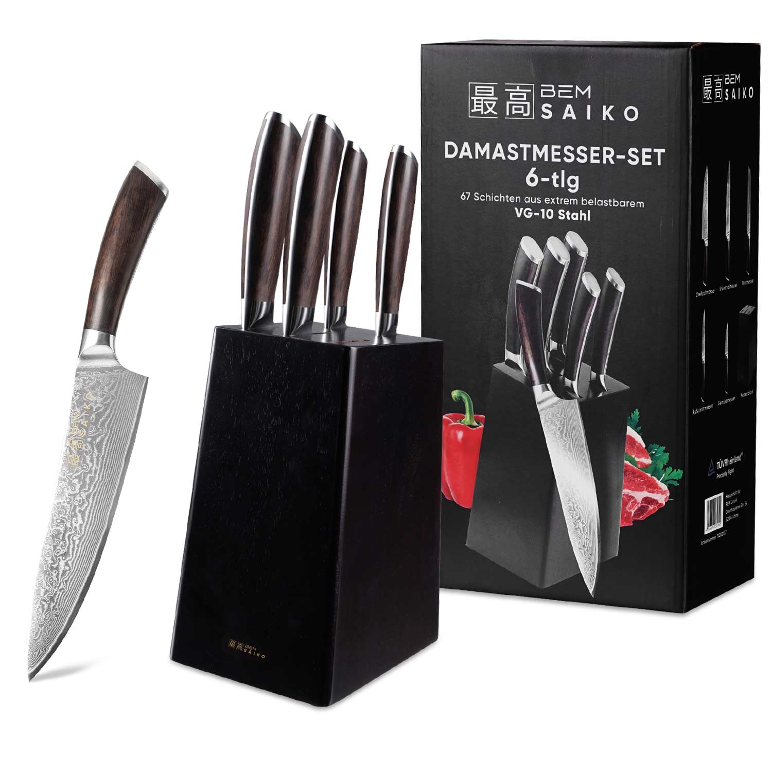 BEM Saiko Damascus knife set 6-pcs. made of VG-10 steel with knife block